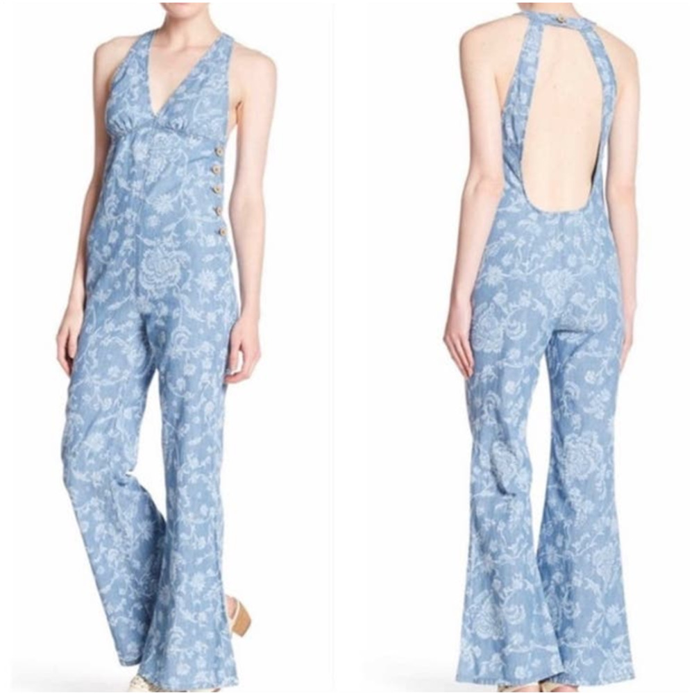 Free People Womans Sz 10 Denim Jumpsuit Dance All Night Blue Floral Cotton Hemp